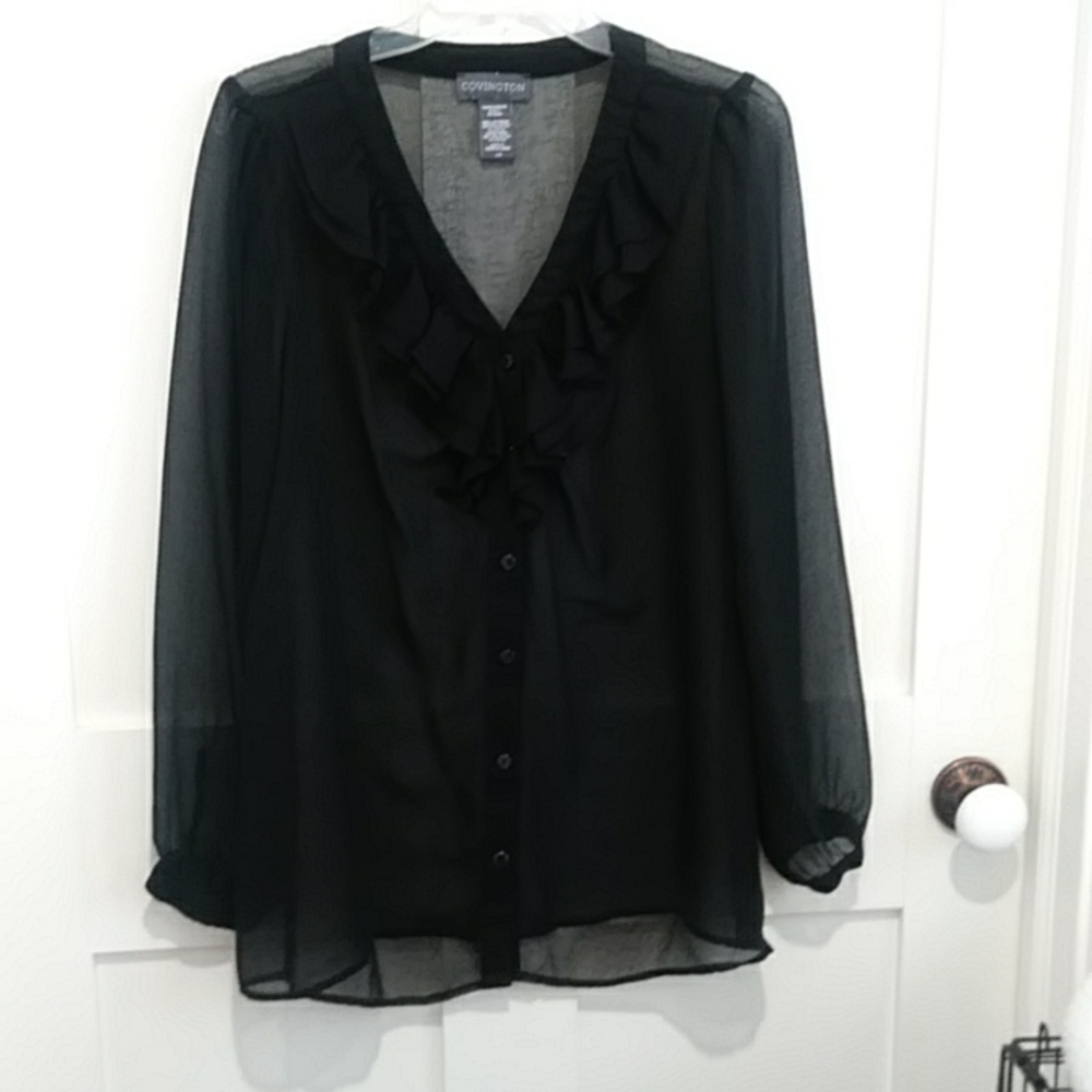 Covington Black Crepe L/S VNeck Ruffled Blouse L